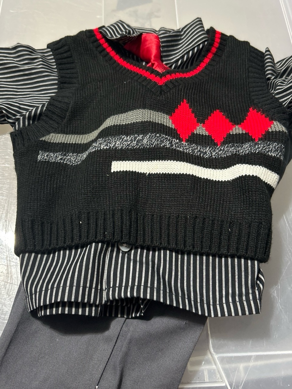 Kids Black Argyle Knit Vest with Red Accents - Dressy Layering Sweater